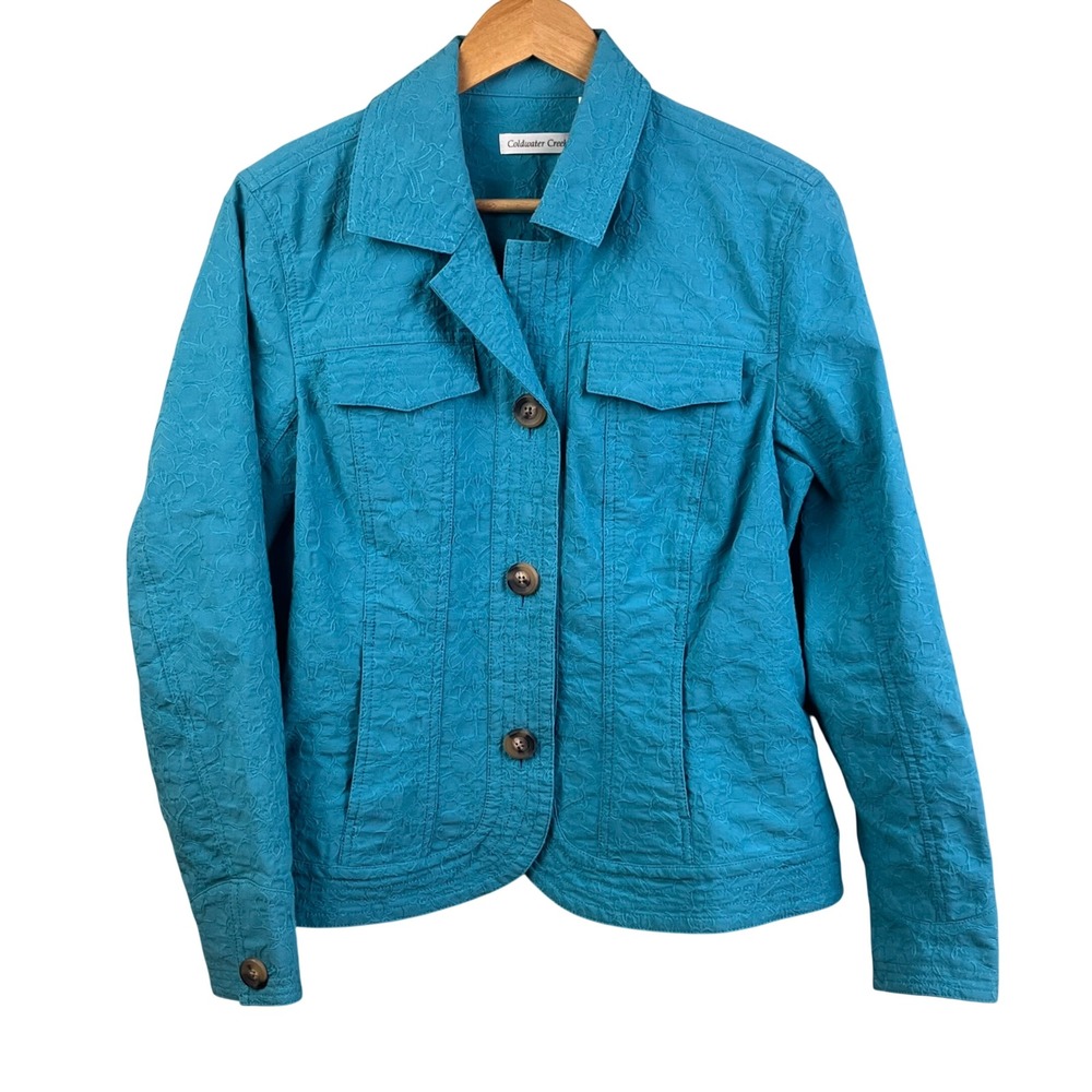 Coldwater Creek Turquoise Textured Embroidered Button Blazer Size 14